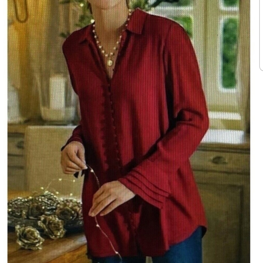 Soft Surroundings #2AT59 Button Front Long Ruffle Sleeve Poet Blouse